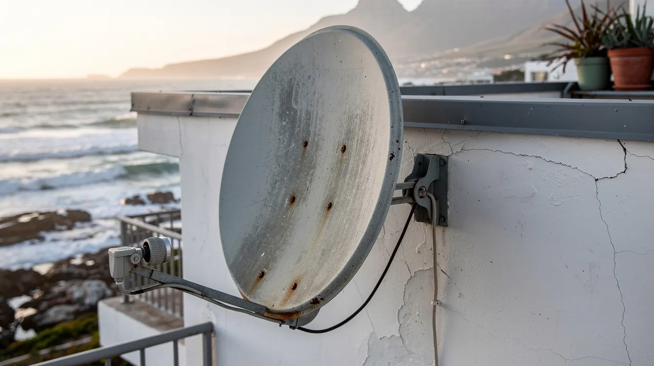 The image features a weathered satellite dish mounted on a coastal home in Cape Town, with the ocean visible in the background. The dish's alignment is crucial for optimal DSTV signal strength and quality, ensuring a crystal clear picture quality despite potential signal problems from weather conditions.