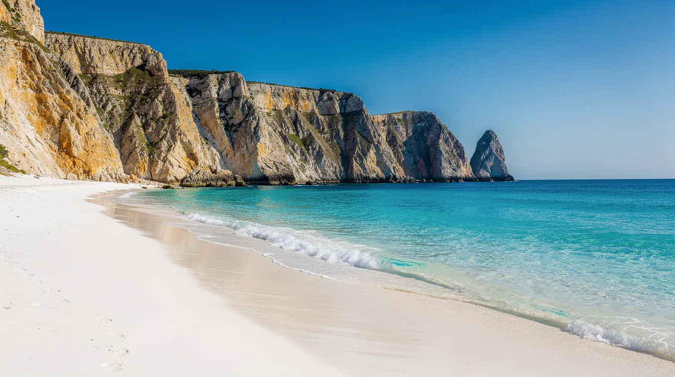 Imagem de uma praia paradisíaca com areia branca e falésias, onde as águas cristalinas em tons de azul turquesa refletem a luz do sol, criando um cenário ideal para férias nas ilhas do Caribe, como Curaçao. O local é perfeito para relaxar e aproveitar a vida marinha, ideal para quem busca experiências inesquecíveis em um destino dos sonhos.