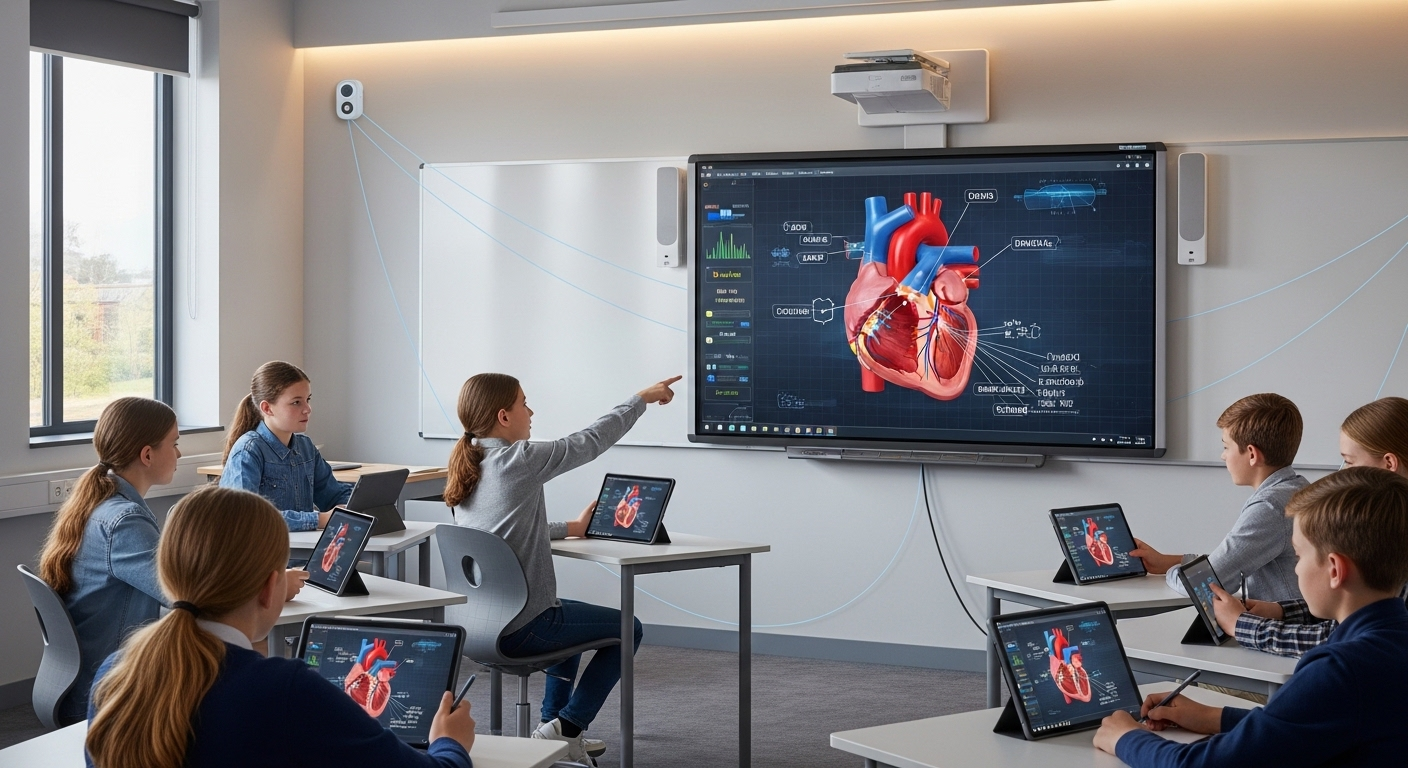 Smart classroom with connected devices, IoT sensors, interactive whiteboard, and students using tablets in sync.