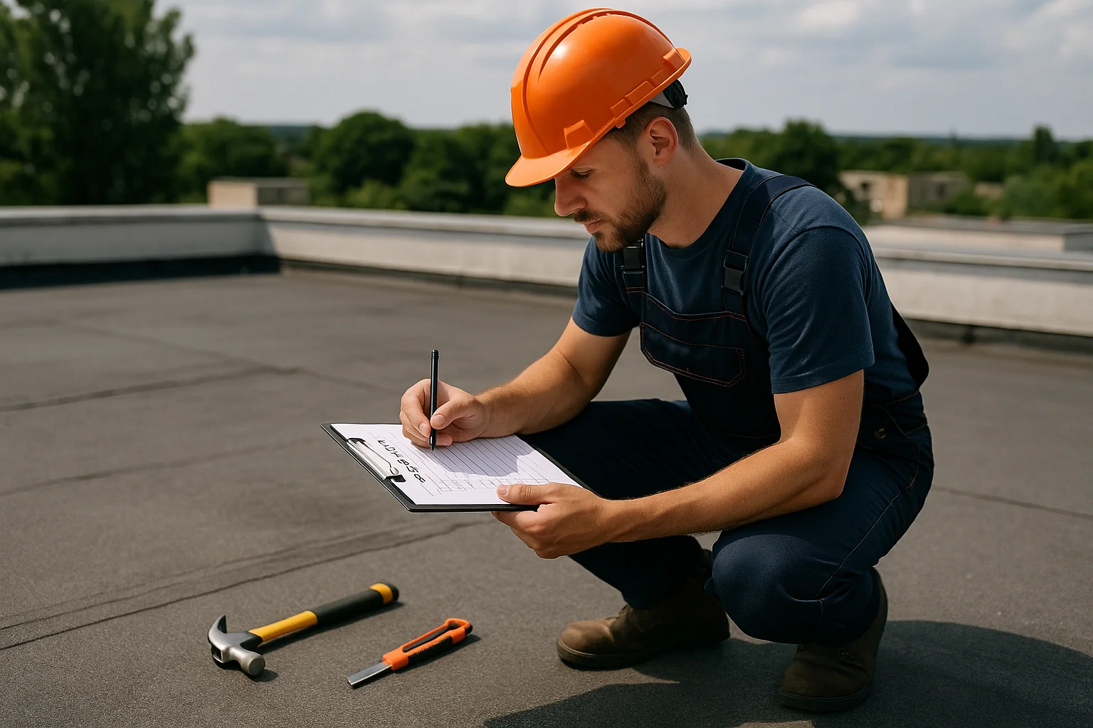 Roofer inspecting and maintaining a bituminous membrane roof on a commercial property.