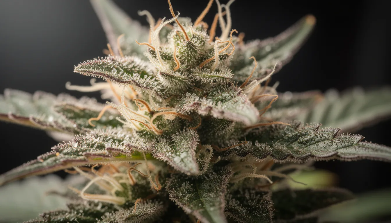 Die Nahaufnahme zeigt eine Cannabisblüte, die mit zahlreichen Trichomen und Harzdrüsen bedeckt ist, was auf einen hohen THC-Gehalt hinweist. Diese Merkmale sind charakteristisch für die Cannabispflanze und spielen eine wichtige Rolle in der Analyse der Wirkung und Eigenschaften von Medizinalcannabis.