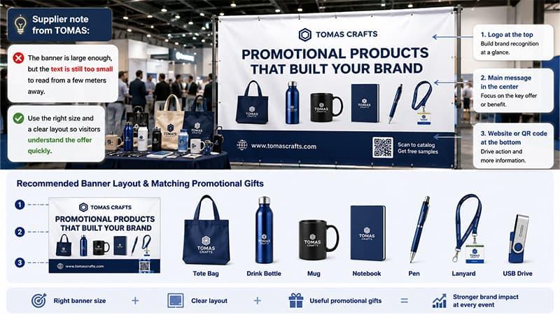 Banner layout example with matching promotional gifts for trade show branding