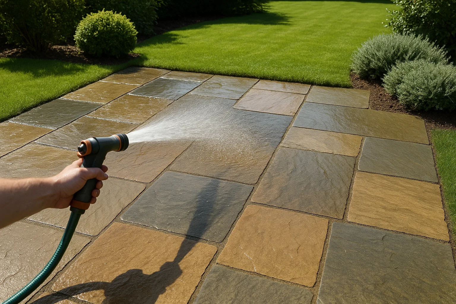 Low maintenance natural stone patio being cleaned with a simple garden hose.