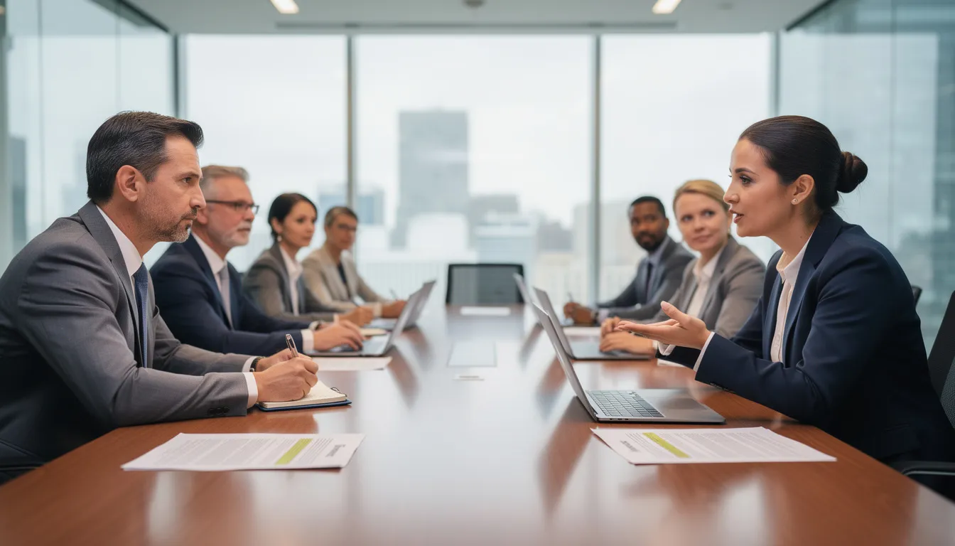 A group of business professionals is seated around a conference table, engaged in a negotiation meeting focused on business valuation. They are discussing key concepts such as fair market value and future cash flows, emphasizing the importance of reaching an agreement that reflects the market value of their respective interests.