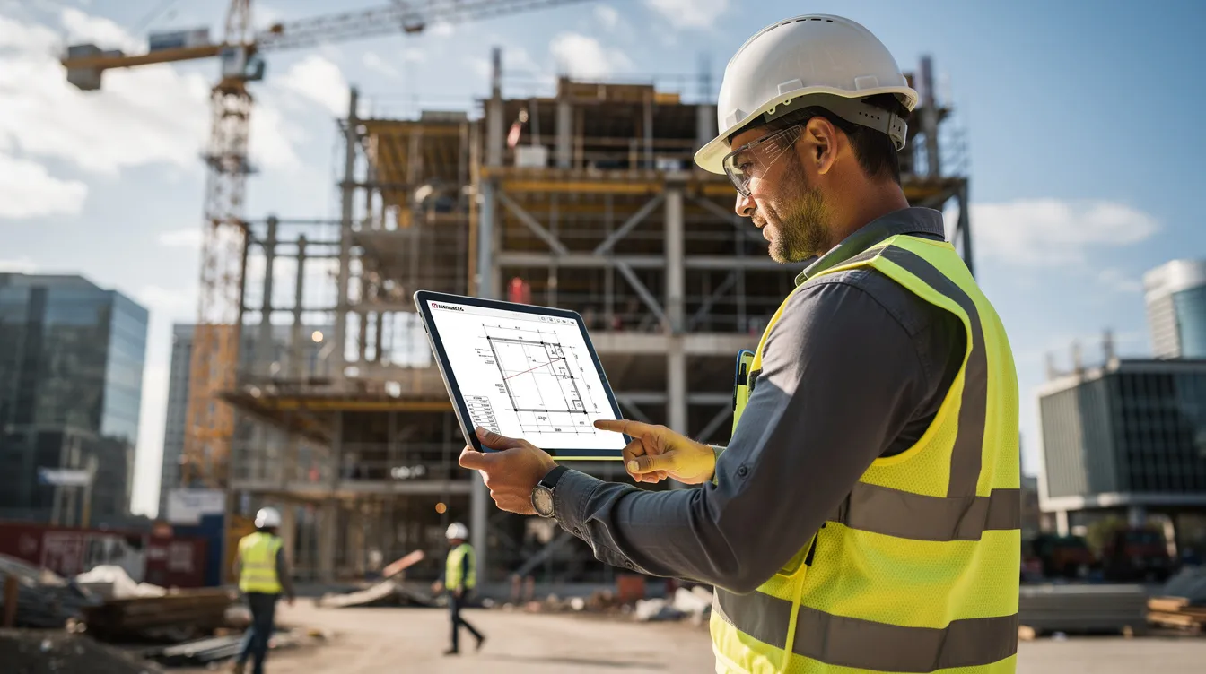A commercial contractor is intently reviewing project plans on a tablet at a modern construction site, showcasing the integration of advanced technology in the construction industry. This scene highlights how construction companies can leverage AI tools and systems to optimize their workflows and enhance project visibility.
