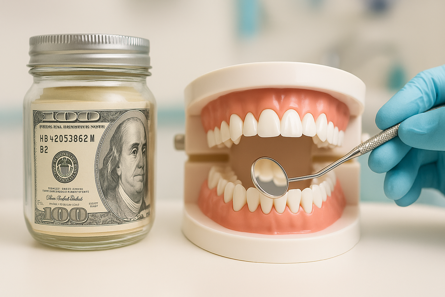 Glass med penger ved siden av tannmodell symboliserer hvordan tannforsikring kan beskytte økonomien ved uventede tannlegeutgifter.