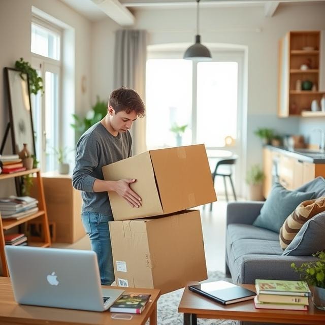 A young adult unpacks cardboard boxes in a bright, modern apartment.