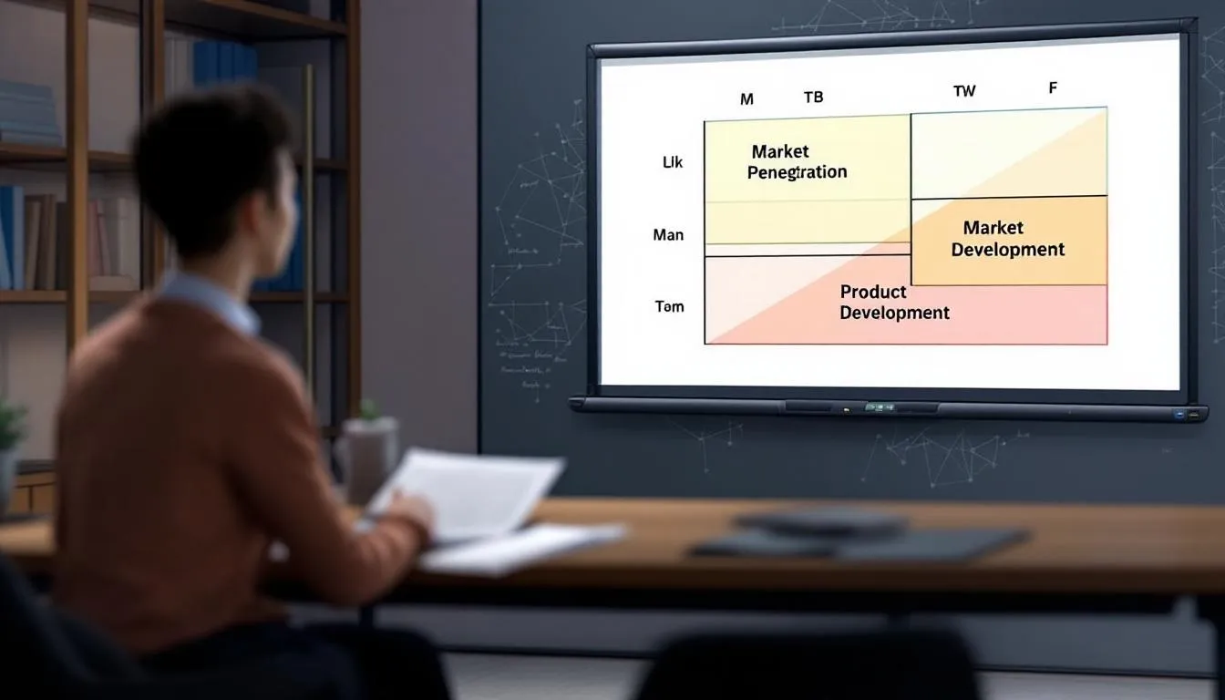 The image depicts a business growth strategy diagram, highlighting key concepts such as market penetration and market development strategies. It emphasises the importance of thorough market research to identify underserved segments within existing markets, which can help increase market share and drive sustainable growth for small businesses.