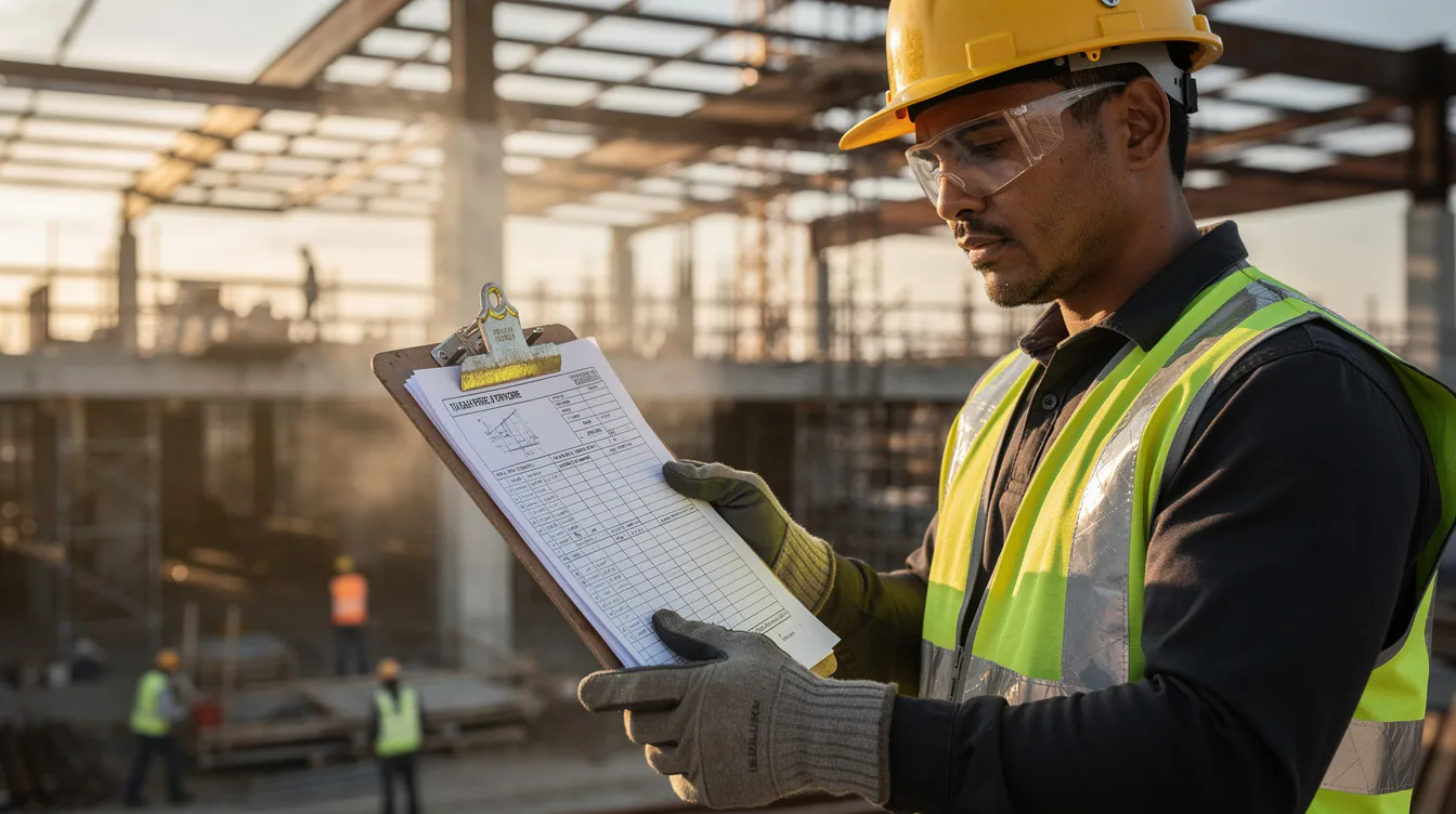 A construction supervisor is closely examining documents on a clipboard at an active construction site, emphasizing the importance of site inspections and quality control in the construction process. The scene highlights the critical role of inspection data in ensuring regulatory compliance and risk management on the jobsite.