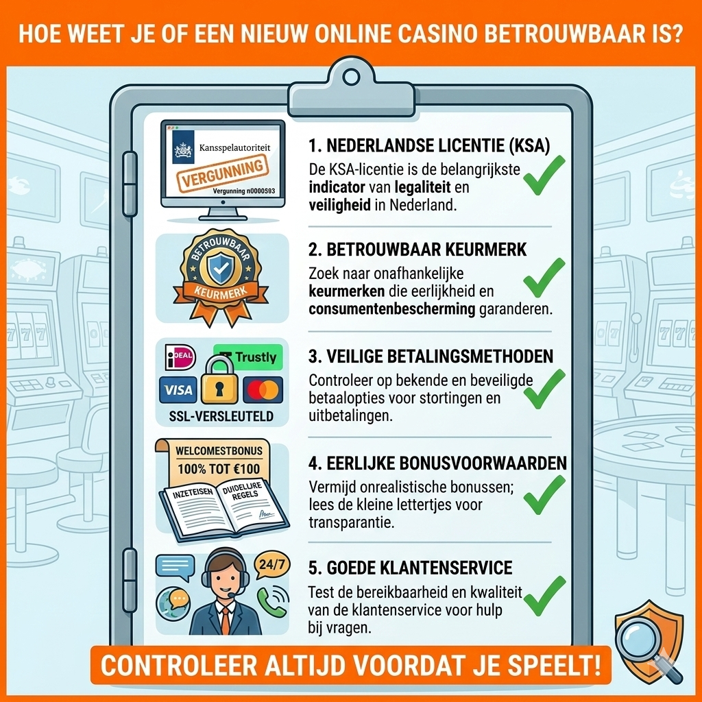 Checklist om te bepalen of een nieuw online casino in Nederland betrouwbaar is, inclusief controle van KSA-licentie, keurmerken, veilige betaalmethoden, eerlijke bonusvoorwaarden en goede klantenservice.