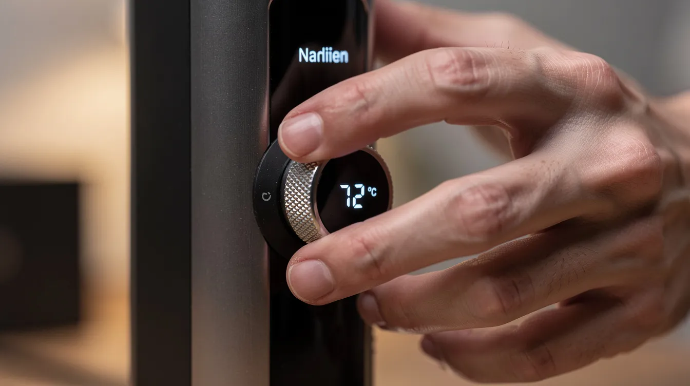 Das Bild zeigt eine Nahaufnahme von Händen, die die Temperatureinstellungen eines Vaporizers anpassen. Diese Einstellung ist entscheidend für die Verdampfung von Cannabis, da sie die Effizienz und Wirkung der enthaltenen Cannabinoide und Terpene beeinflusst.