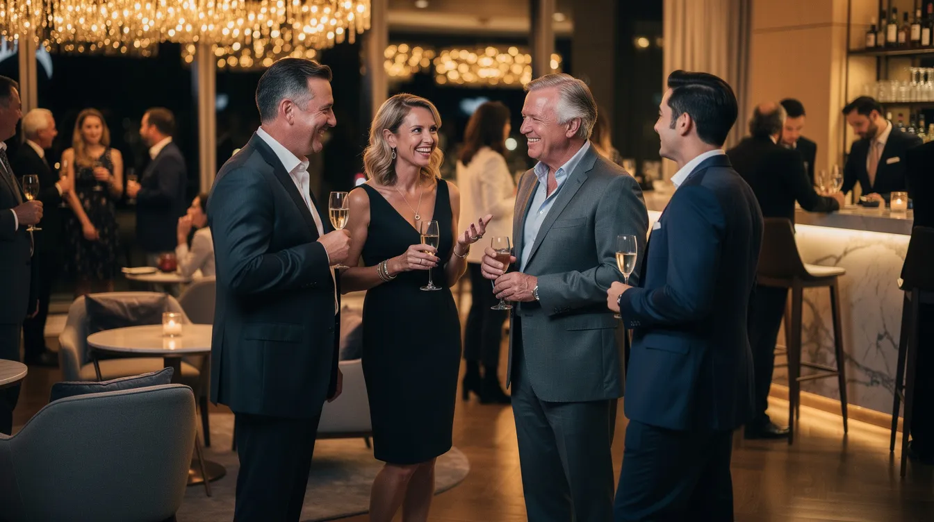 A group of well-dressed adults engage in relaxed conversation at an upscale social event, embodying traits of high value individuals through their confident demeanor and genuine interactions. The atmosphere reflects a sense of mutual respect and emotional intelligence, fostering meaningful relationships among attendees.