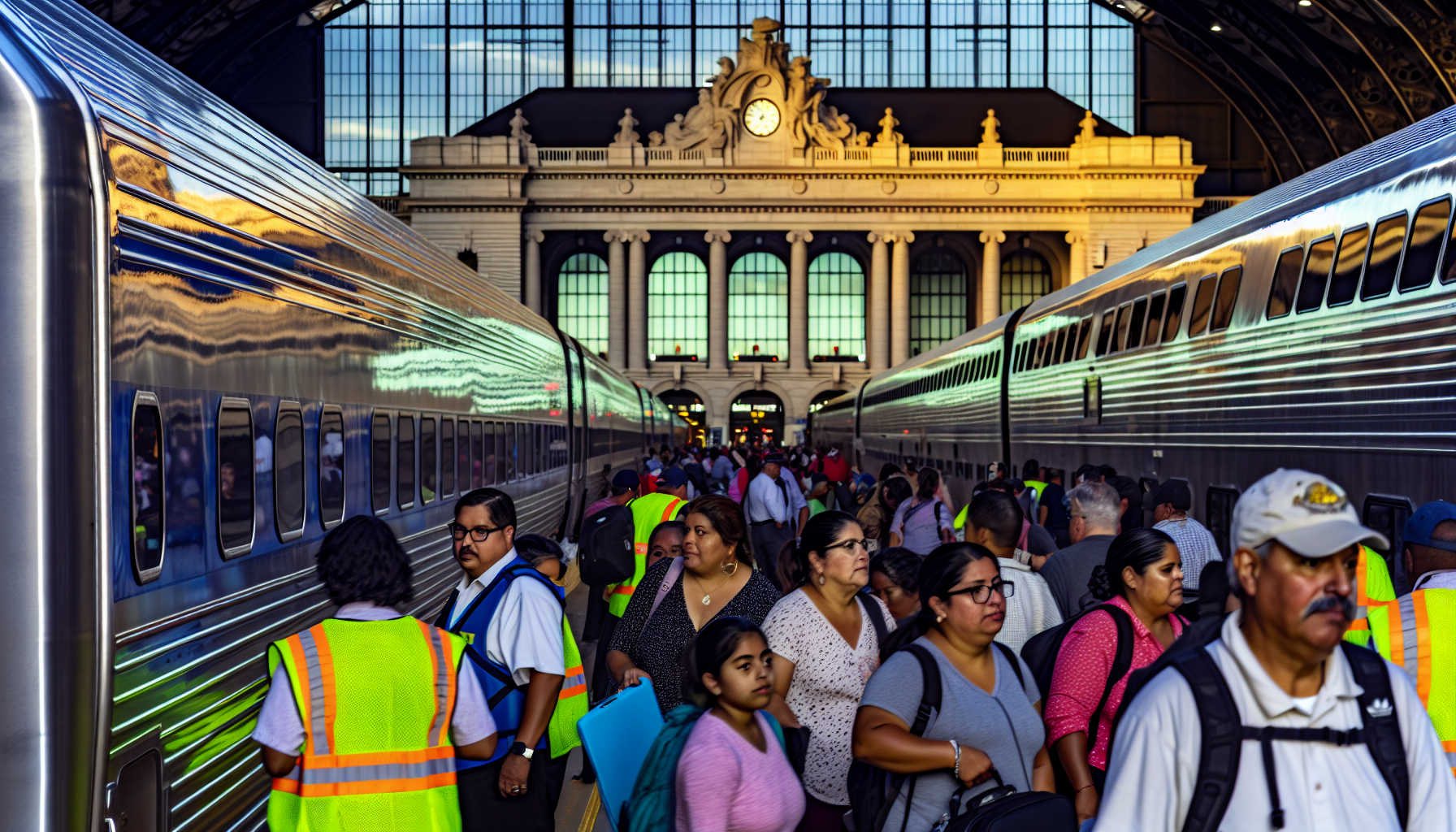 A bustling train platform at Newark Penn Station