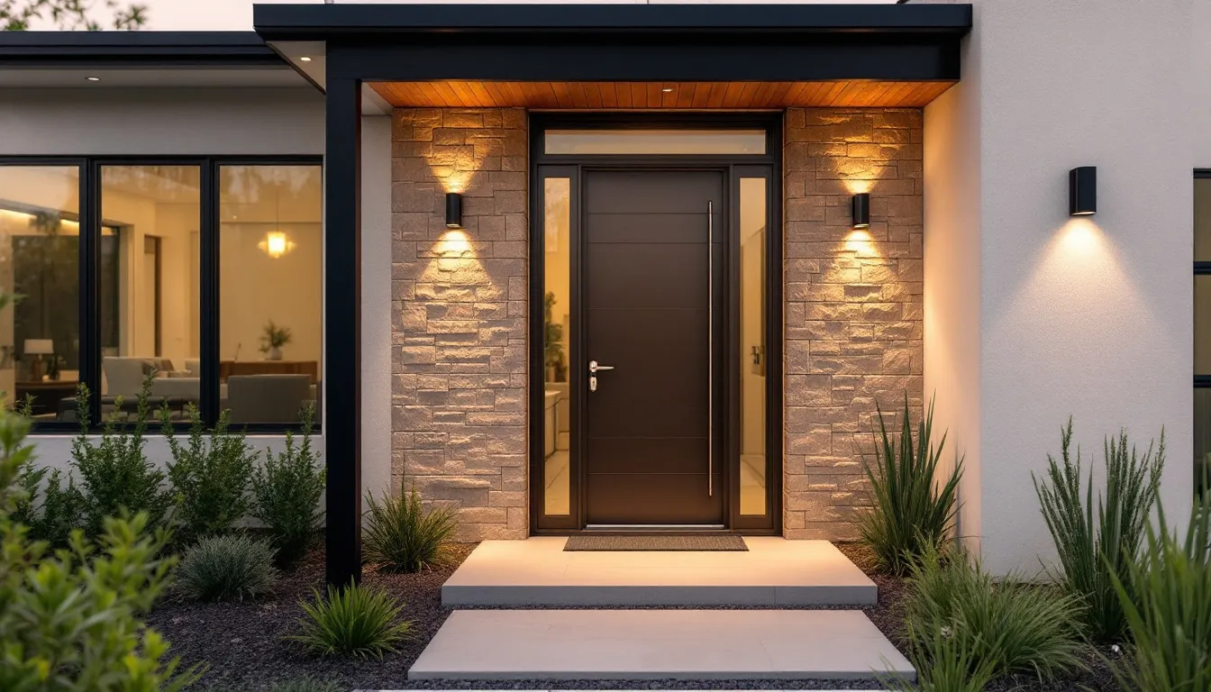 The image showcases a modern home exterior with a striking Urbane Bronze front door, complemented by natural stone accents and warm lighting that creates a cozy atmosphere. The rich color of the door enhances the overall aesthetic, making it a stunning focal point for the house.