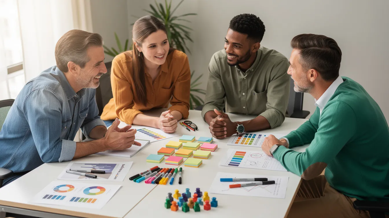 L'image montre quatre personnes collaborant autour d'une table de travail, entourées d'éléments colorés représentant la diversité des personnalités. Cette scène illustre l'importance de la méthode DISC pour renforcer la cohésion d'équipe et améliorer la communication au sein d'un groupe.