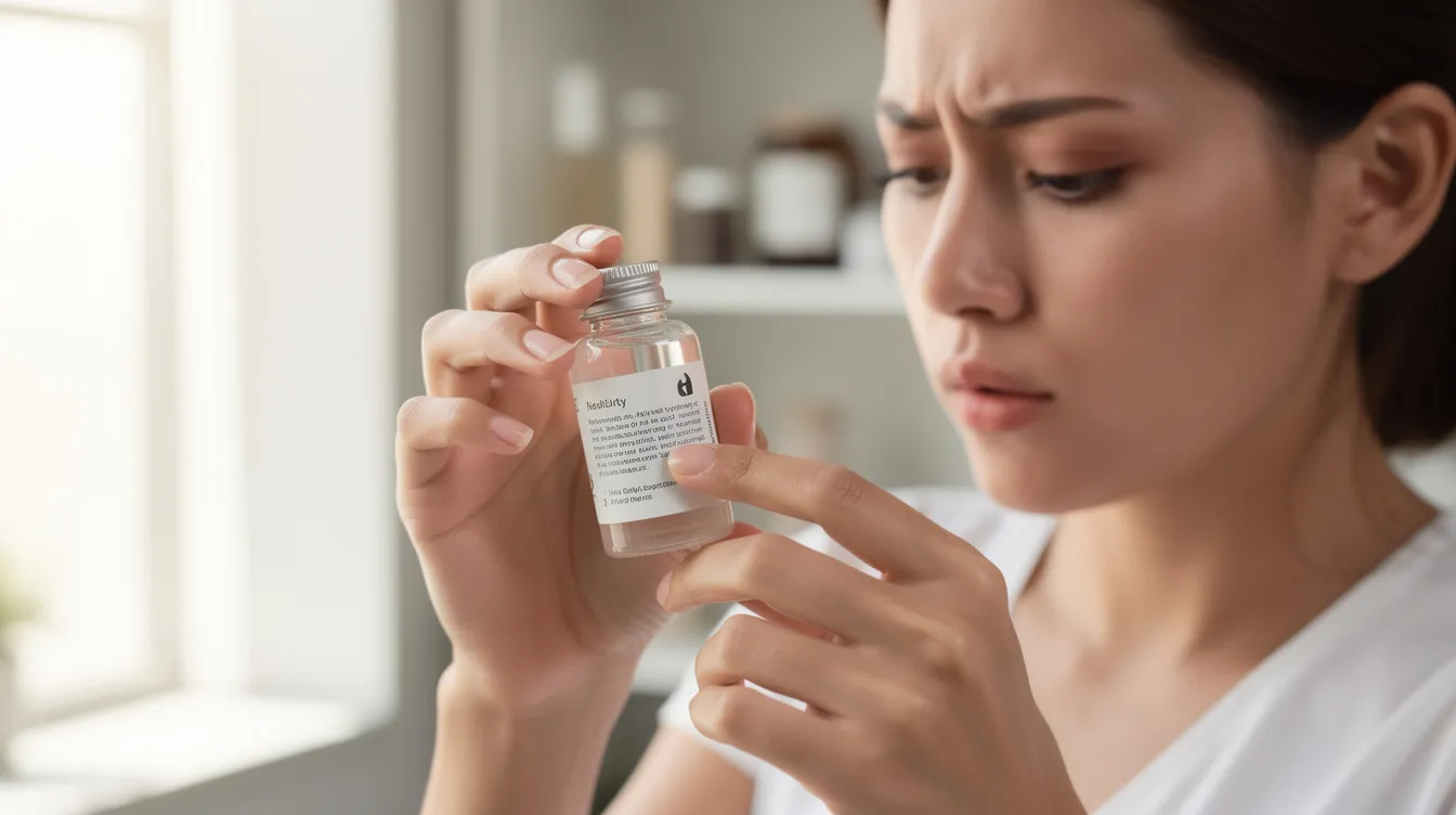 A person is closely examining the label on a small bottle in a well-lit room, possibly checking for details about hemp-derived THC products or THCA flower, as they navigate the legal status of cannabis in New Hampshire. The scene reflects the importance of verifying compliance with state laws and understanding the nuances of medical cannabis for registered patients.