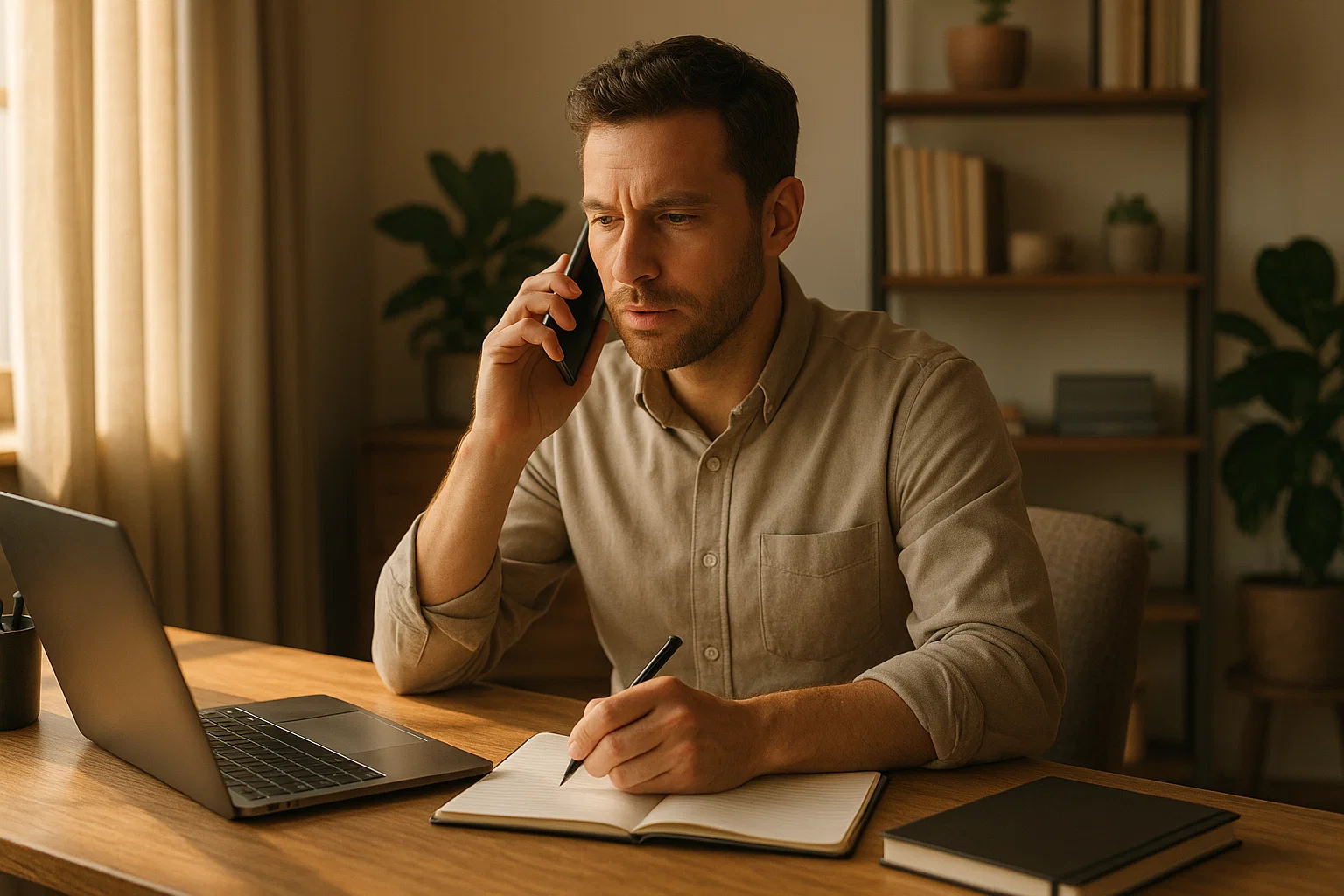 A person making a phone call in a home office with a calm, proactive expression.