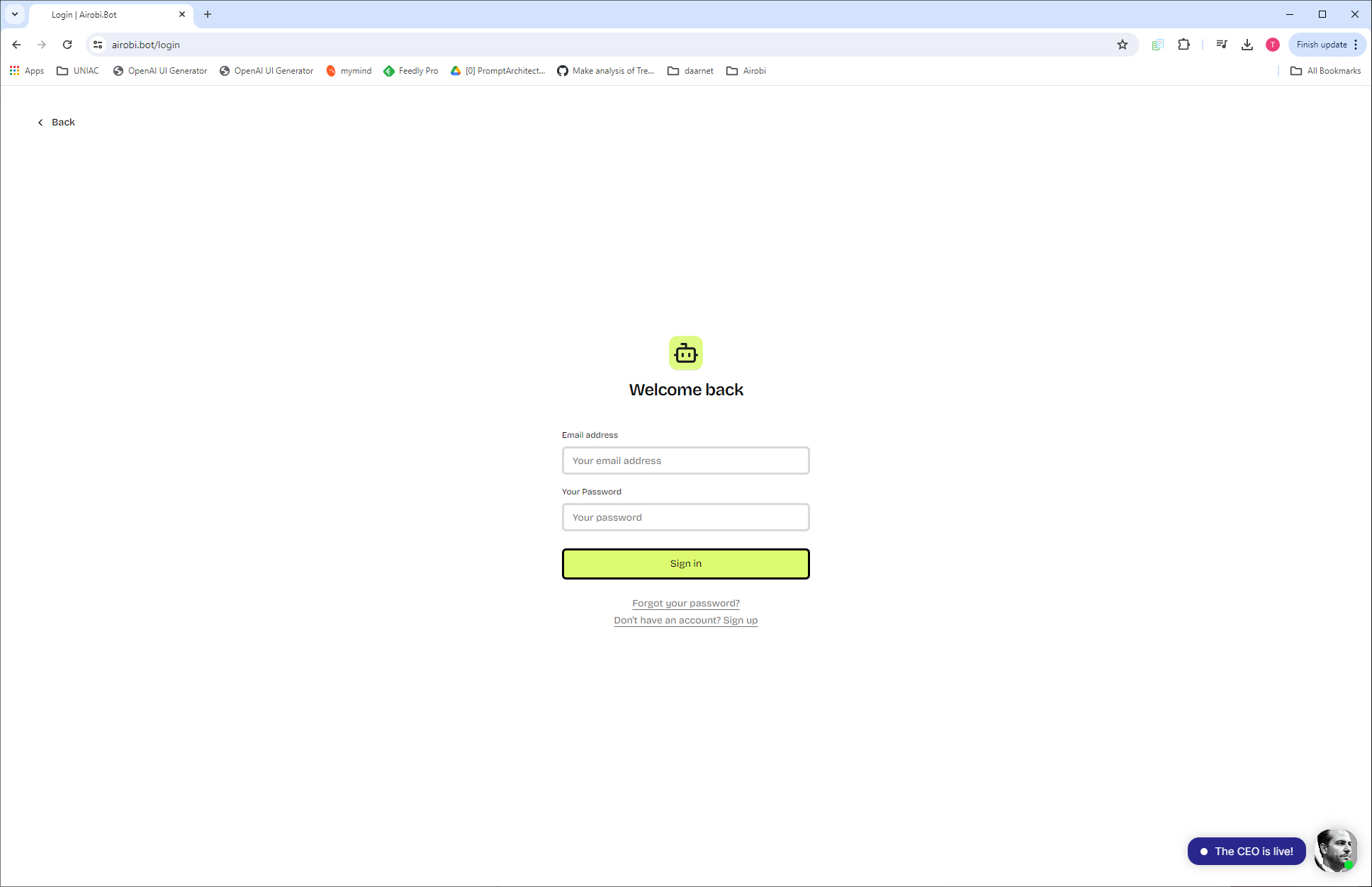 screenshot airobi login page