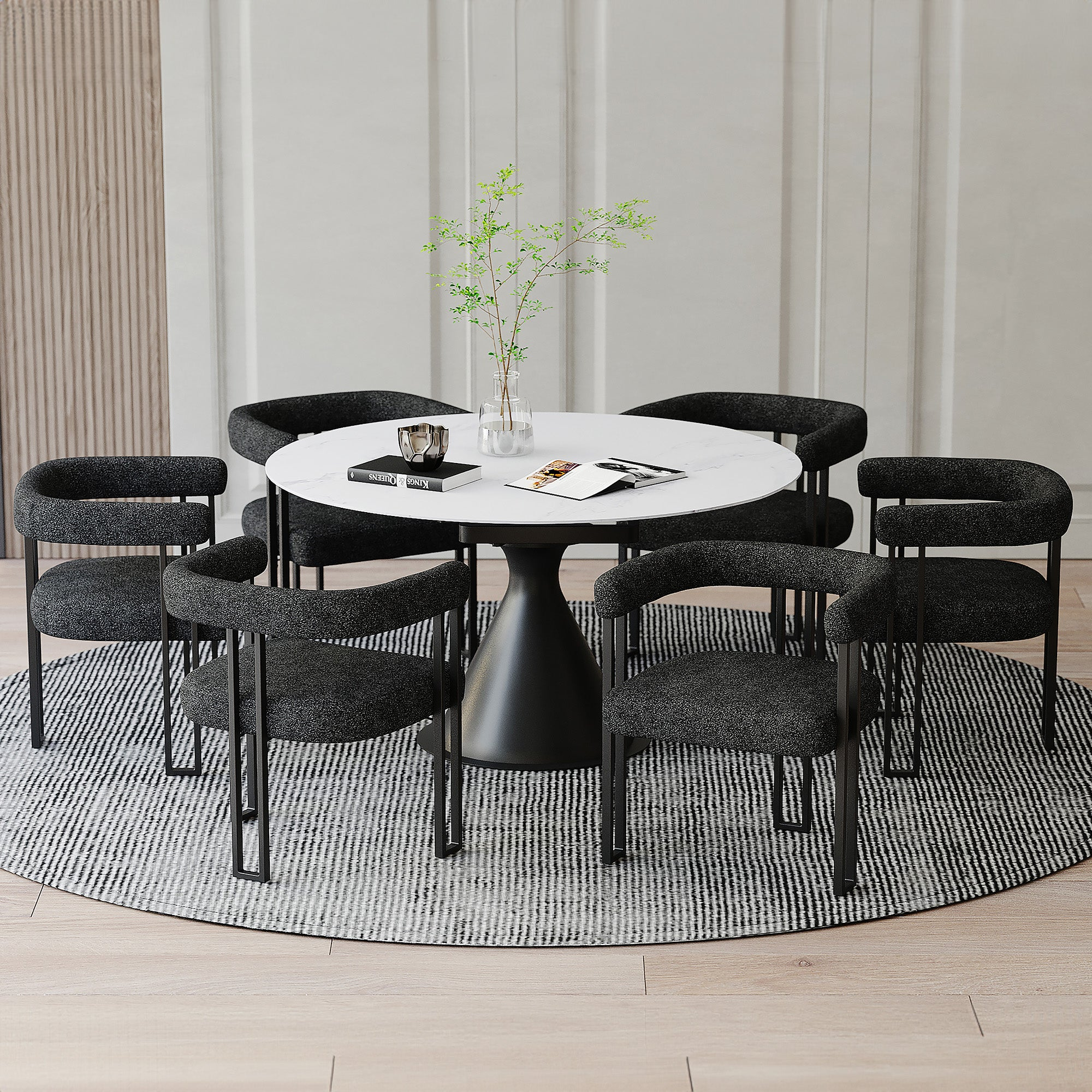 A stylish dining table set with chairs in a well-lit dining room