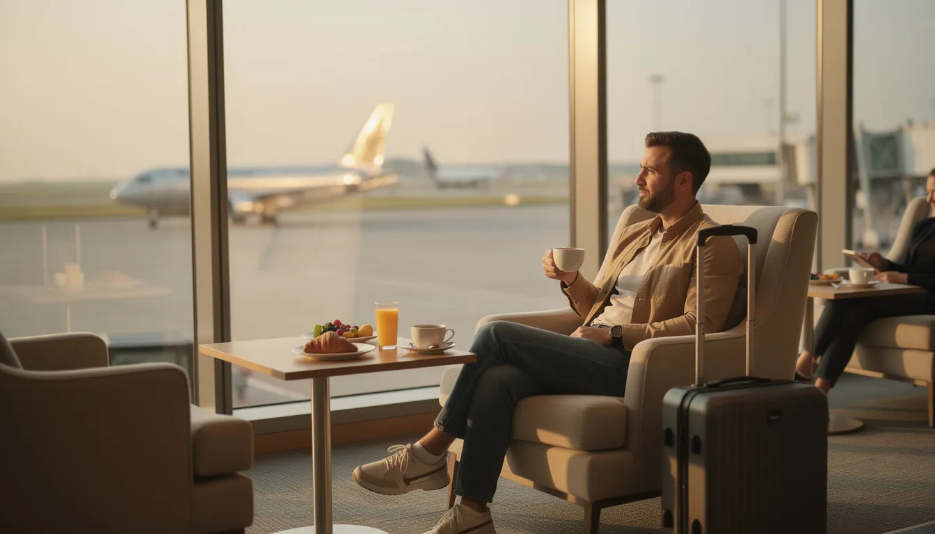 A relaxed traveler sits comfortably in an elegant airport lounge, savoring a cup of coffee and a delicious breakfast. The setting reflects luxury and tranquility, ideal for frequent travelers enjoying their Amex Platinum and Gold card benefits, including lounge access and rewards points.