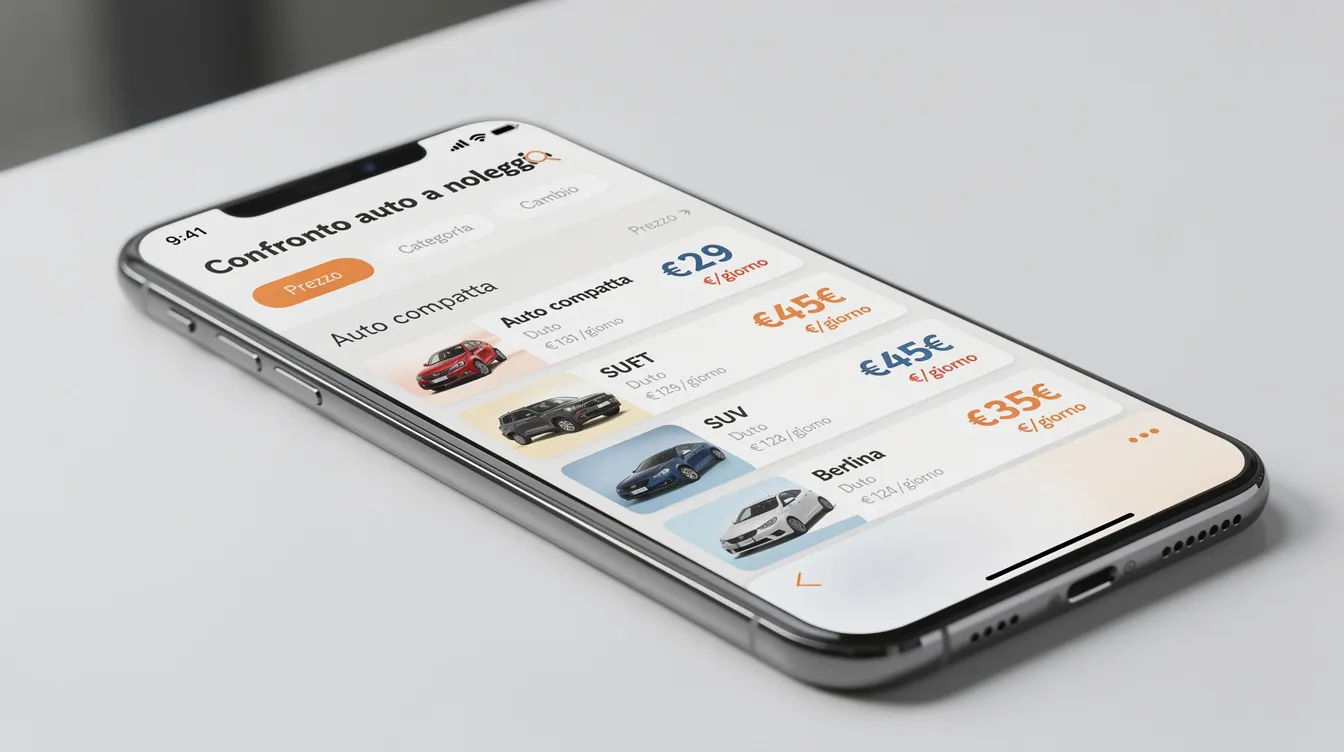 L'immagine mostra uno smartphone con un'app di confronto per il noleggio auto, evidenziando diverse opzioni di veicoli e prezzi per il noleggio auto in Marocco. Sullo schermo si possono vedere dettagli come i costi, le modalità di pagamento e le informazioni di ritiro e riconsegna.