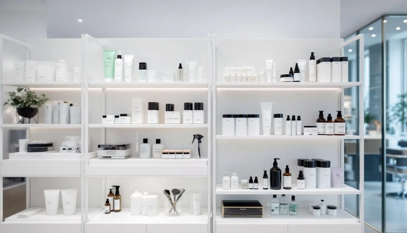 Imagen de un salón de belleza moderno, donde se pueden ver estanterías organizadas con productos de belleza. El ambiente refleja un espacio profesional, ideal para la atención de clientes, que puede beneficiarse de un software de gestión para controlar el inventario y optimizar las reservas.