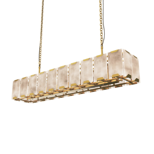 Elegant rectangular pendant light with gold accents and frosted glass panels, suspended by gold chains.