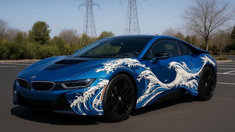Glossy blue BMW wrapped in oceanic graphics