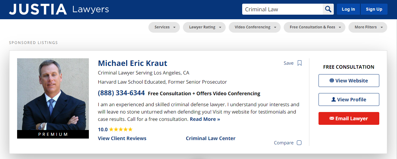 Screenshot of a Justia Lawyers profile for Michael Eric Kraut, a criminal lawyer serving Los Angeles, CA.