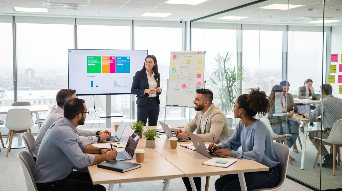 A group of young professionals engaged in a modern training workshop, focusing on skills development for their careers.