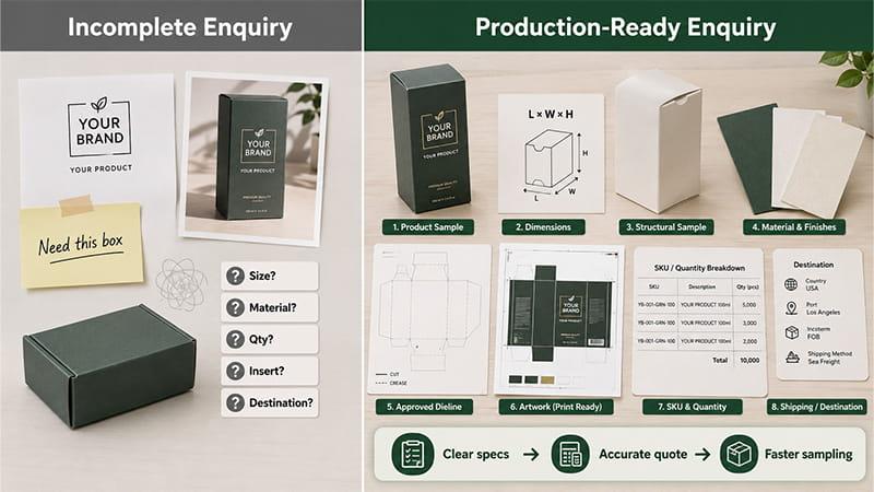 Incomplete packaging enquiry compared with a production-ready packaging specification