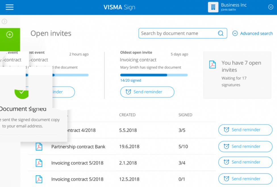 Visma Sign eSignatur-grensesnitt for håndtering av kontrakter og dokumentstatus