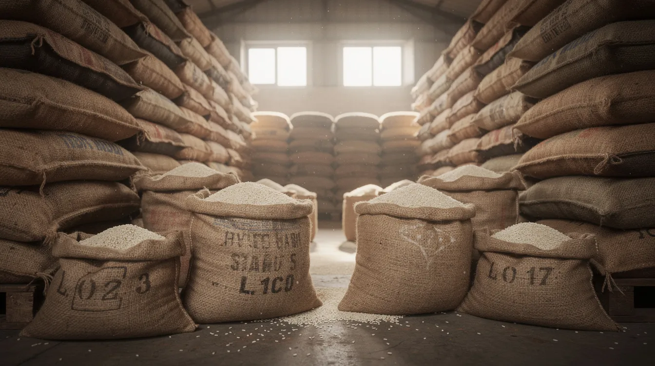 The image shows large burlap sacks filled with white rice grains, neatly stacked in an Indian warehouse, highlighting the rice production and storage process. This setting reflects the important role of rice in the food processing industry, particularly in the context of the puffed rice manufacturing unit.