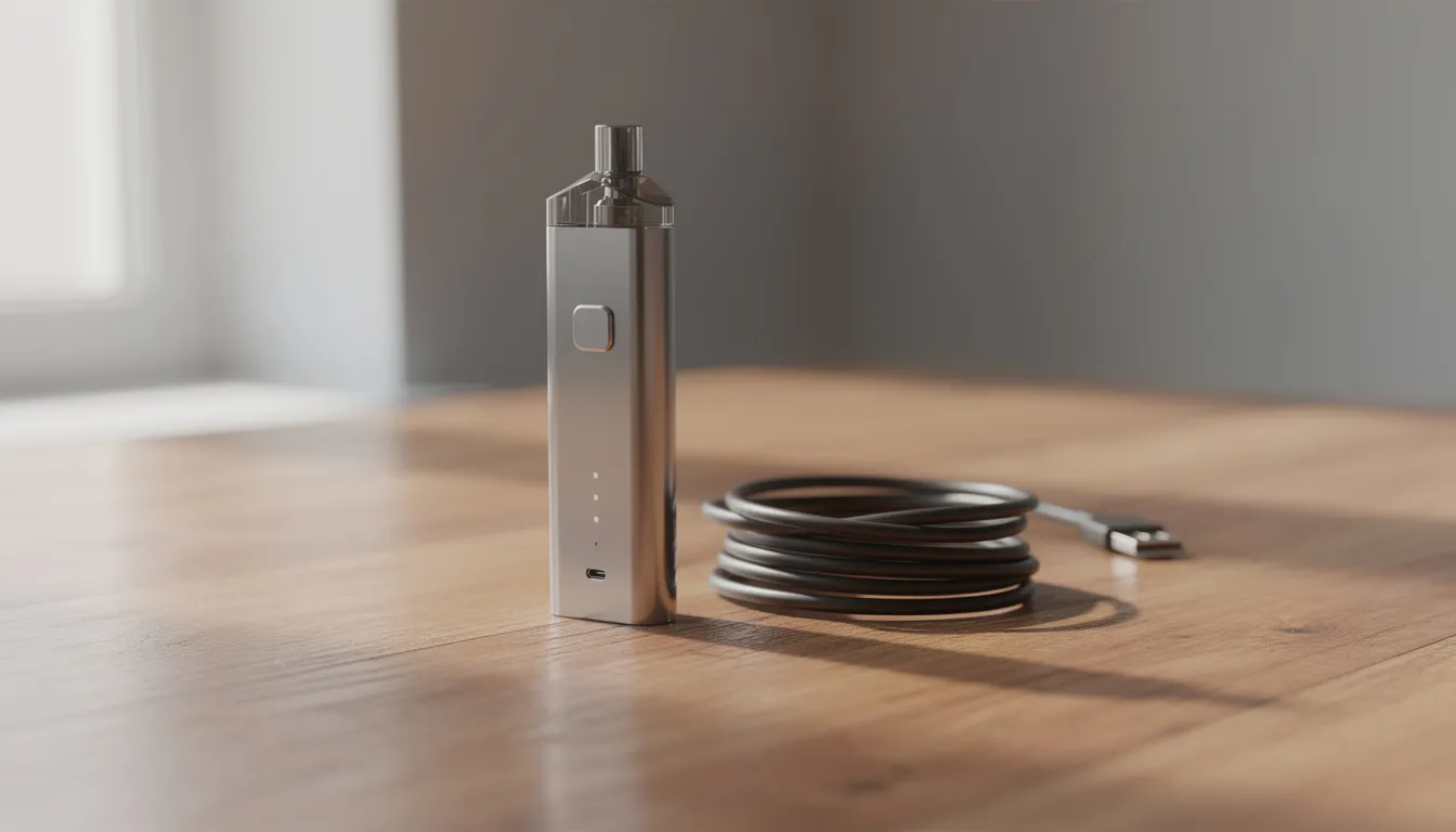 Ein tragbarer Verdampfer, der Boundless CFC 2.0, liegt auf einer Holzoberfläche neben einem Micro USB Ladegerät. Das Gerät ist ideal für das Vaping von trockenen Kräutern und bietet eine Temperaturkontrolle für ein individuelles Dampferlebnis.