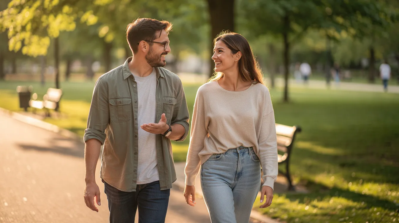 Two people are walking together in a park, exhibiting comfortable and relaxed body language, symbolizing a strong relationship built on mutual respect and shared interests. Their interaction reflects the importance of healthy communication and emotional intelligence in fostering meaningful romantic relationships.