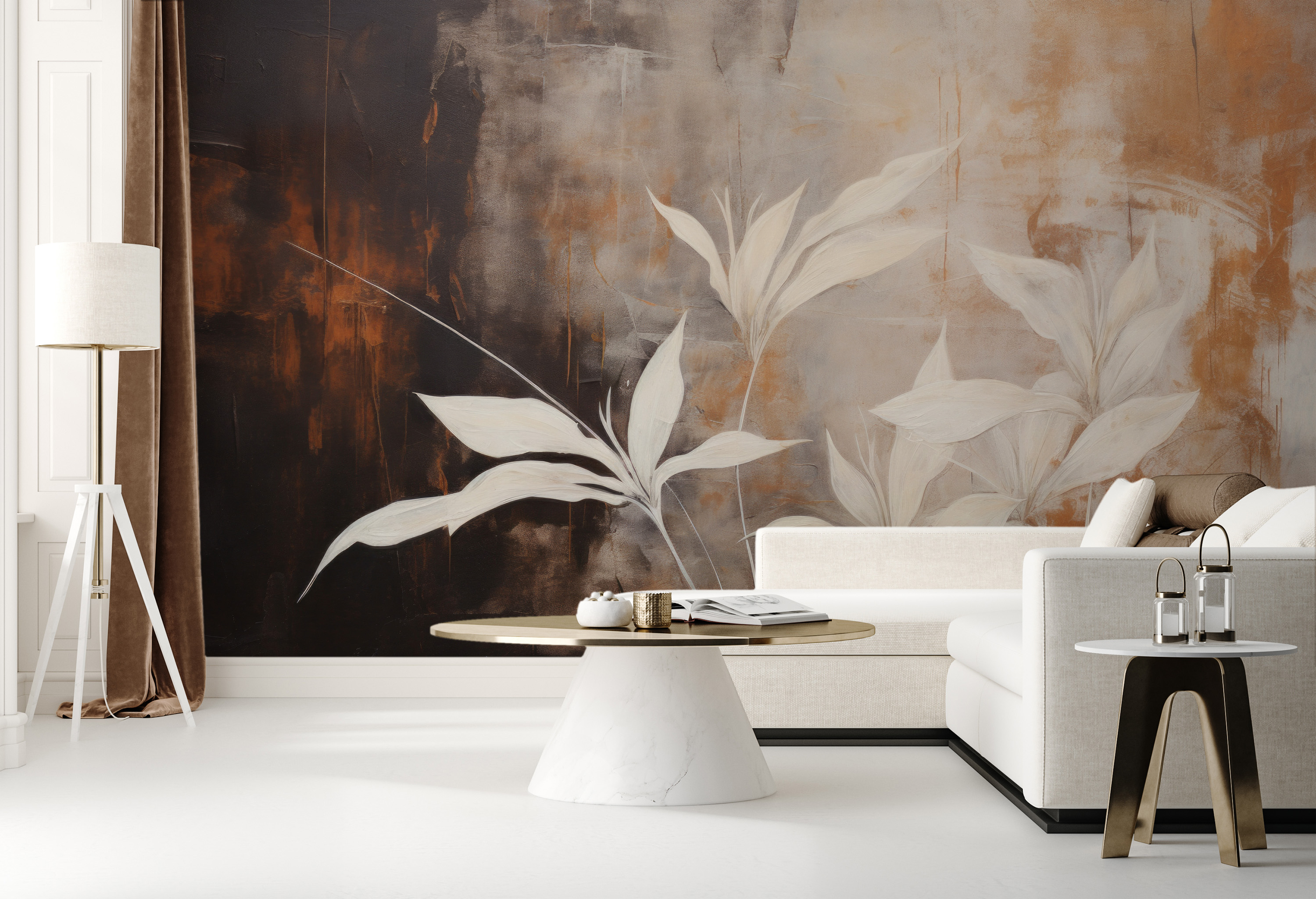 „Modern Botanicals“ ist eine Fototapete mit einem modernen Ansatz für Pflanzenmotive, bei der weiße Blumen einen Kontrast zu einem abstrakten braunen Hintergrund bilden.