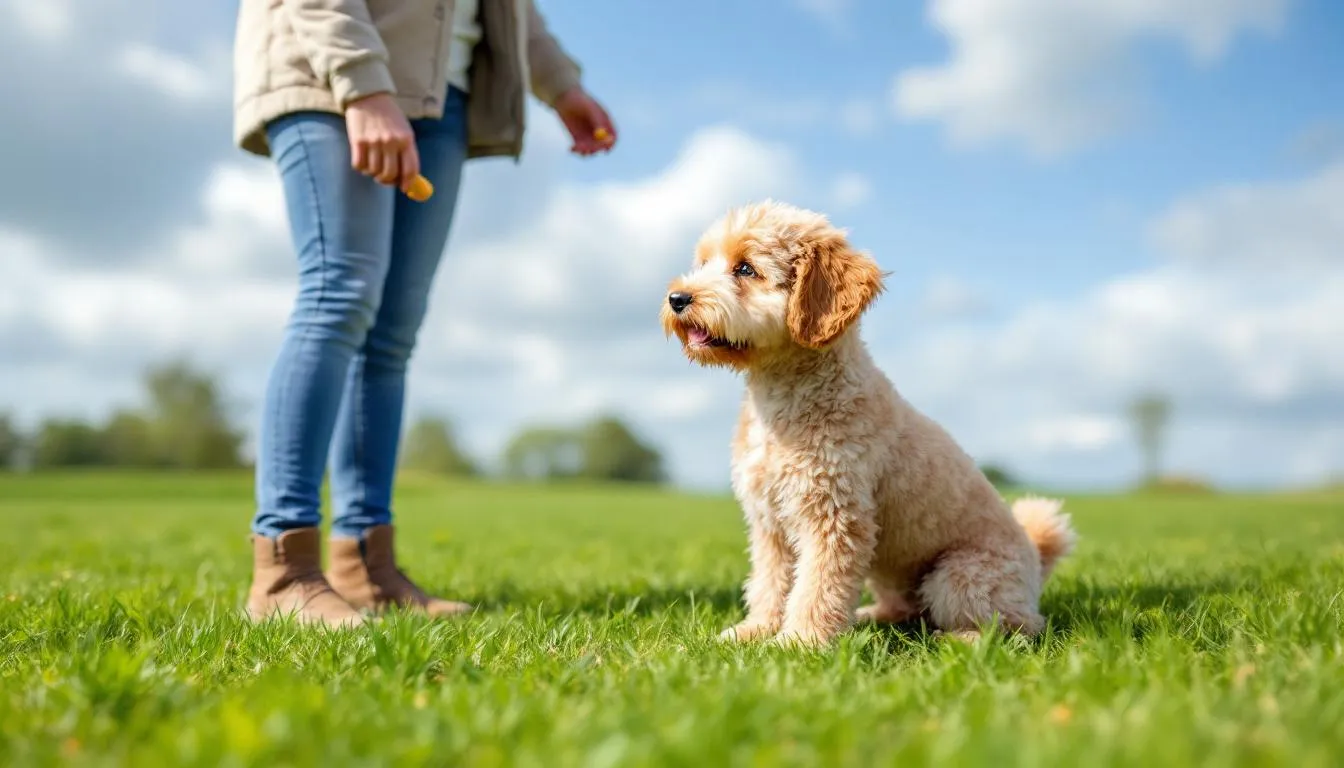 A miniature doodle dog is actively participating in an outdoor training session, showcasing its playful and affectionate nature. With its adorable appearance and curly coat, this fun-loving pup is a perfect match for active families and enjoys mental stimulation during obedience training.