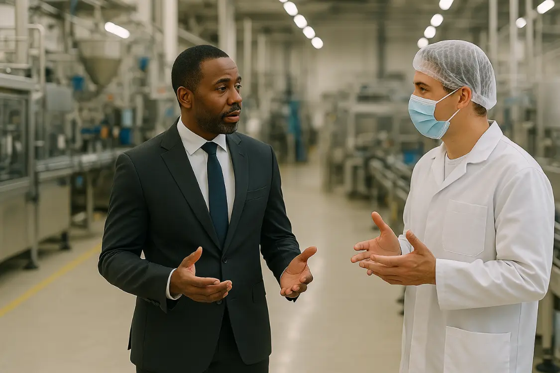 Business professional and lab manager discussing GMP compliance during a supplement facility tour