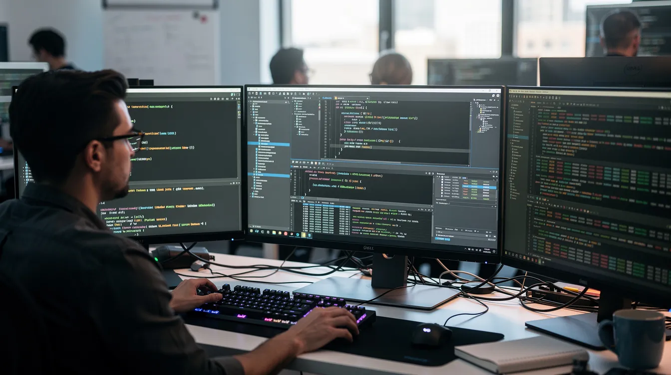 A developer at a desk surrounded by screens showing code and terminal output