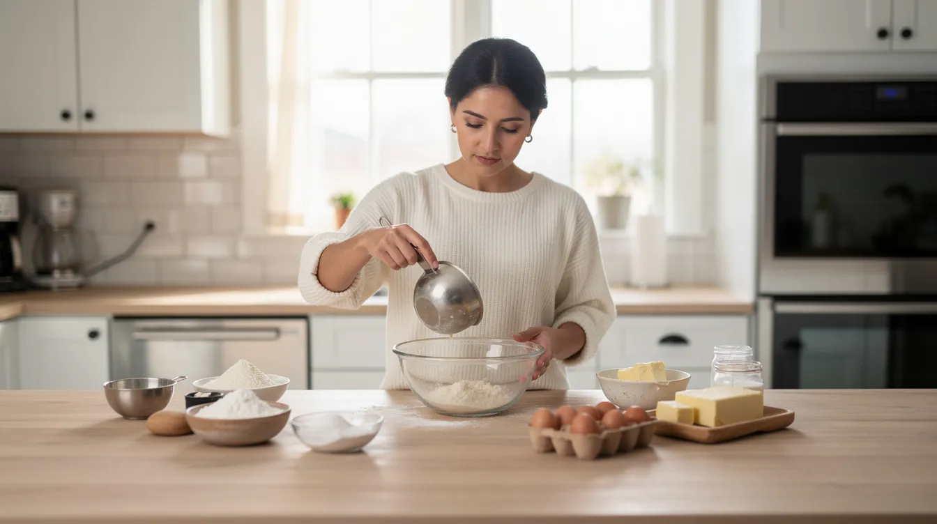A person is carefully measuring ingredients in a bright kitchen, showcasing a step-by-step process of cooking. The vibrant colors and organized space highlight the importance of precision and attention to detail in creating a successful dish.