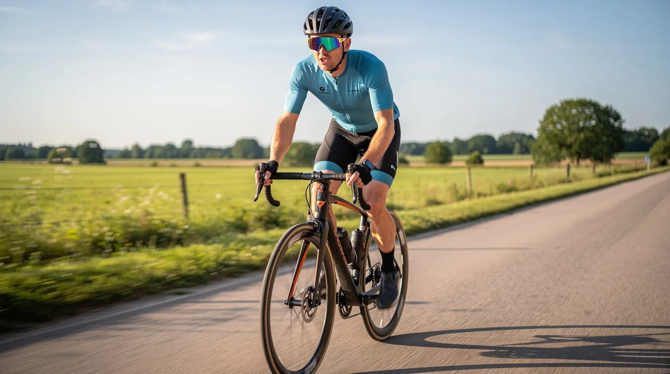 Um ciclista pedala em uma estrada rural, usando óculos esportivos de lente ampla que proporcionam proteção contra os raios solares. Os óculos, que podem ser da marca Oakley, oferecem conforto e estilo, destacando-se pela tecnologia e design voltados para a performance durante atividades ao ar livre.