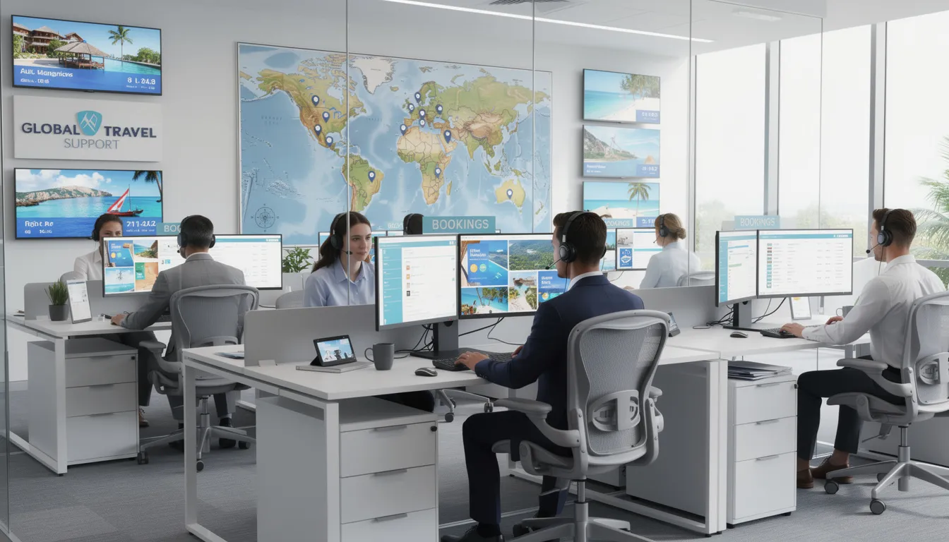 The image depicts a modern call center where travel agents are engaged with computer systems to manage travel bookings efficiently. Agents utilize advanced reservation software to streamline the booking process for online travel agencies and tour operators, ensuring exceptional customer experiences.