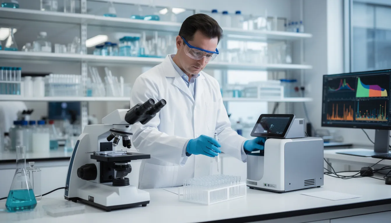 Ein Wissenschaftler im Labor analysiert Proben von Cannabispflanzen mit modernen Geräten, um die Wirkung von Cannabinoiden wie Cannabinol (CBN) und deren Effekte auf das endocannabinoide System zu erforschen. Die Umgebung ist gut beleuchtet und mit verschiedenen Laborinstrumenten ausgestattet, die für die Forschung an CBD und THC verwendet werden.