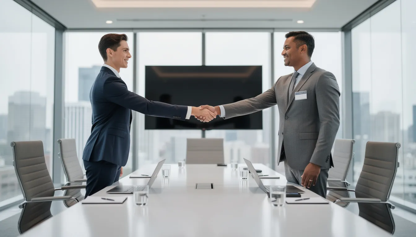 The image depicts two business professionals shaking hands in a modern office conference room, symbolizing the formation of strategic alliances within the life sciences industry. This gesture of agreement highlights the importance of collaboration among life sciences companies, including medical device developers and pharmaceutical firms.