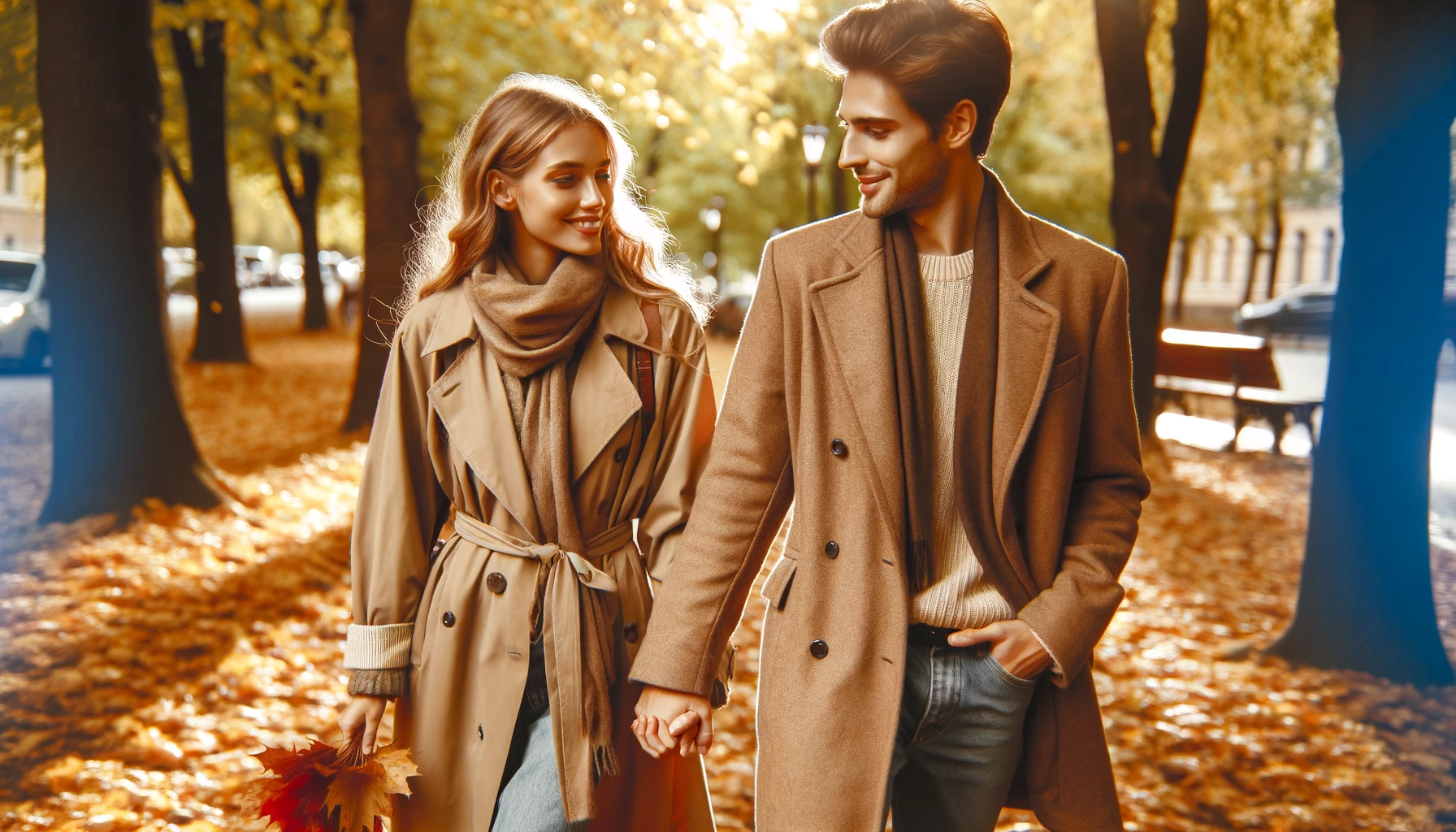 A couple walking hand in hand through a park in autumn