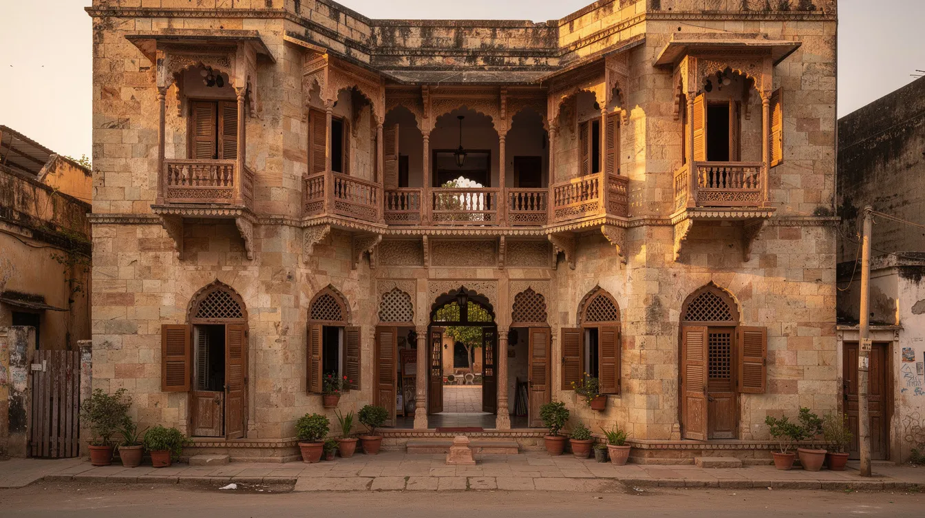 Das Bild zeigt ein traditionelles mehrstöckiges Steinhaus im kolonialen Gujarat-Stil, das mit kunstvoll geschnitzten Holzbalkonen und einem einladenden Innenhof ausgestattet ist. Solche architektonischen Meisterwerke sind Teil der Geschichte Indiens und spiegeln die kulturelle Vielfalt und den Einfluss der Unabhängigkeitsbewegung wider.