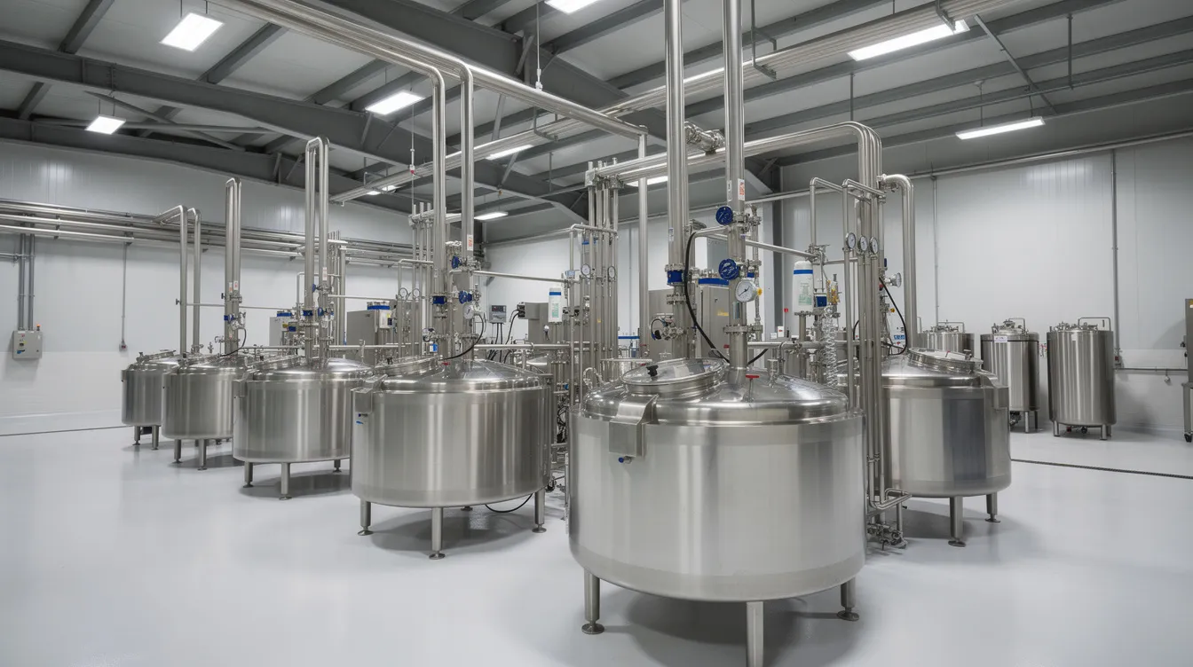 c93c82e4 bf0d 4ef2 9120 cd56f235918d The image depicts a large industrial dairy processing facility featuring stainless steel vats and extensive piping within a clean room environment, essential for cheese manufacturing. This setting highlights the scale of cheese production and reflects the operational efficiency and resource management crucial for manufacturers evaluating capacity expansion in the competitive cheese industry.