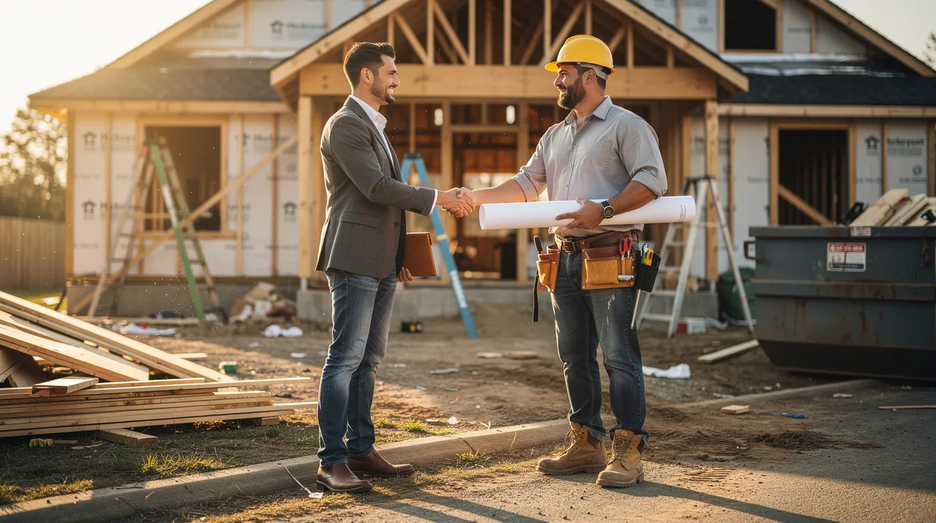 A real estate investor is shaking hands with a contractor at a renovation site, symbolizing a collaborative effort in home improvements. The scene highlights the importance of securing a home equity line to finance renovations and manage closing costs effectively.