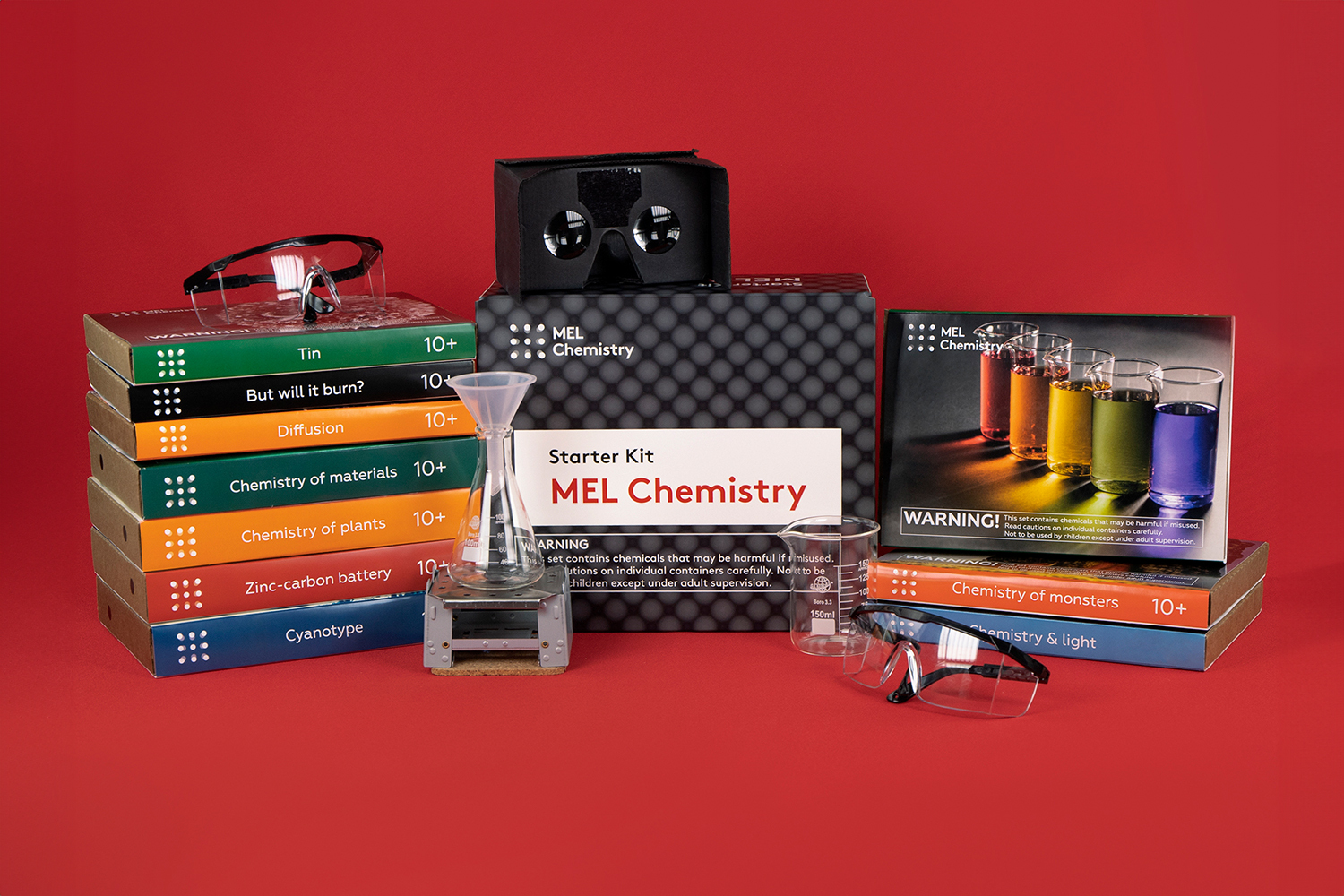 A chemistry lab kit with various chemical components
