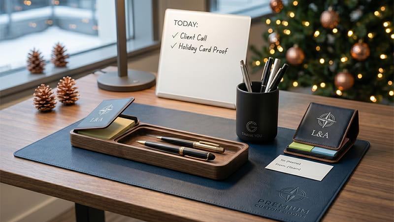 Desk essentials as office Christmas gifts: organizer tray, desk mat, sticky note holder, desktop whiteboard.